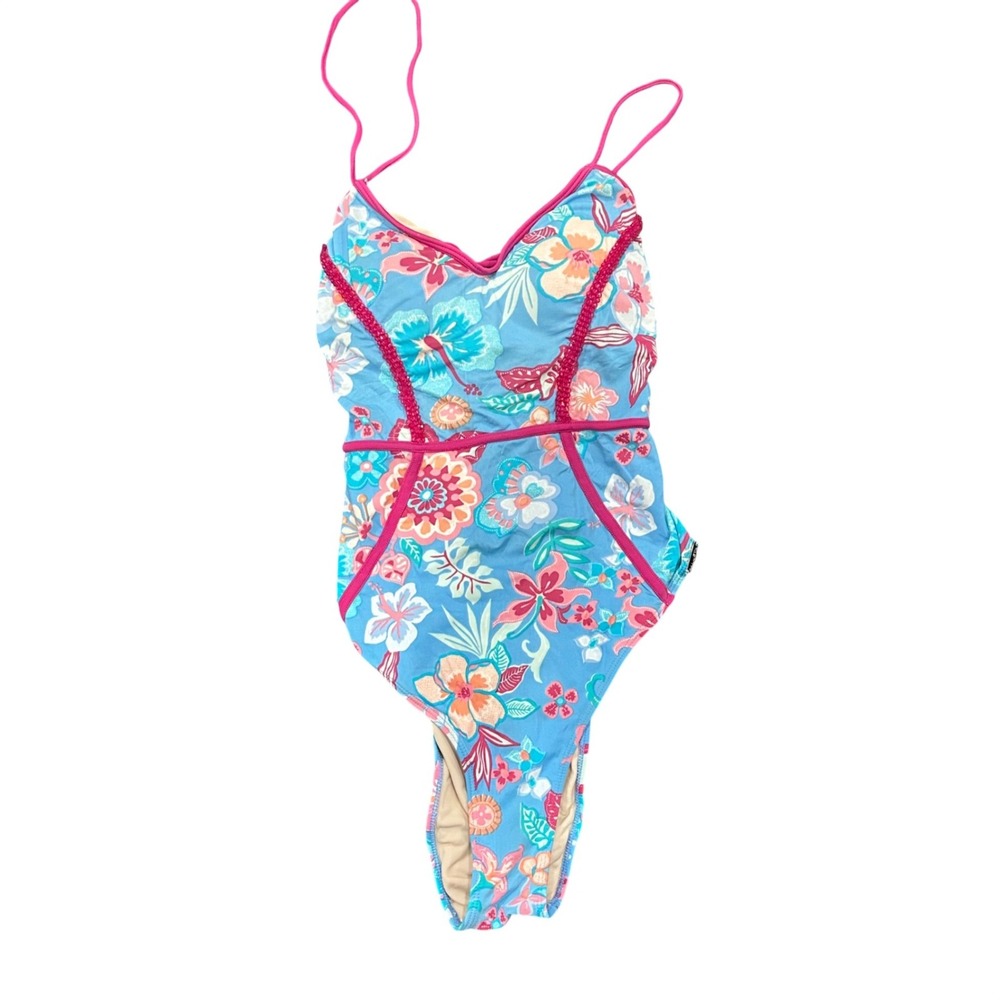Palheta Blue Tropical Floral Beaded Lace Up Back One Piece Swimsuit Womens
